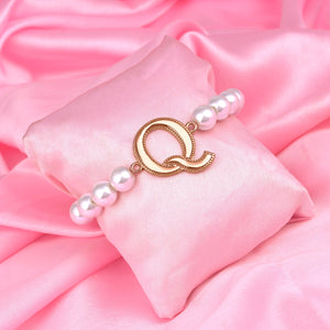 Estele Rose Gold Plated Quirky "Q" Letter Glass Pearl Bracelet for Women