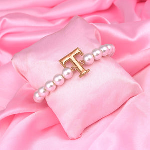 Estele Rose Gold Plated Twinkling "T" Letter Glass Pearl Bracelet for Women