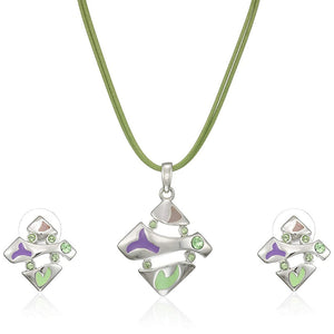 Estele Silver Tone Square Shape with Enamel and Crystal Necklace Set for Women