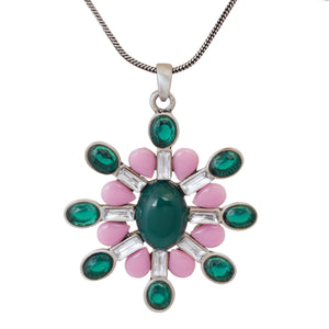 Estele pink and green flower pendant with oxidized black chain for women