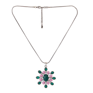 Estele pink and green flower pendant with oxidized black chain for women